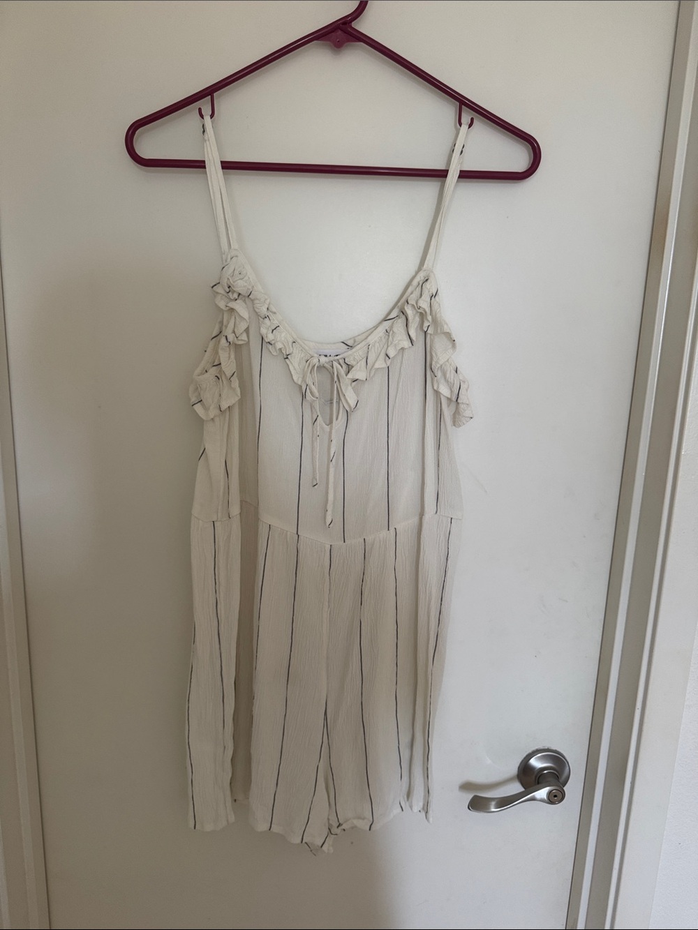 Cream Striped Ruffle-Trim Spaghetti Strap Romper